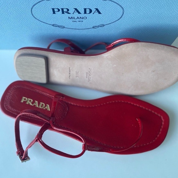 Prada NWT Red Leather Minimalist Ankle-Strap Sandals Size-8.5  “THE PRADA THONG - Picture 6 of 12